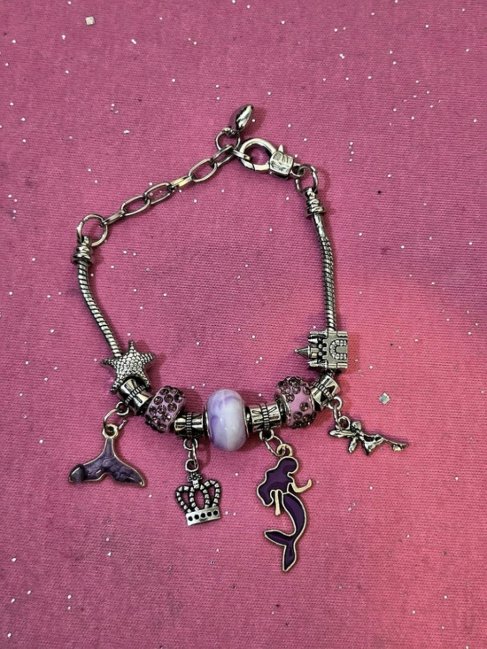 Silver Tone Cable Chain Charm Bracelet w/ Purple Crystal Beads, Crown & Mermaids